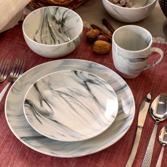 Fine Marble 16 Piece Stoneware Dinnerware Set Black White