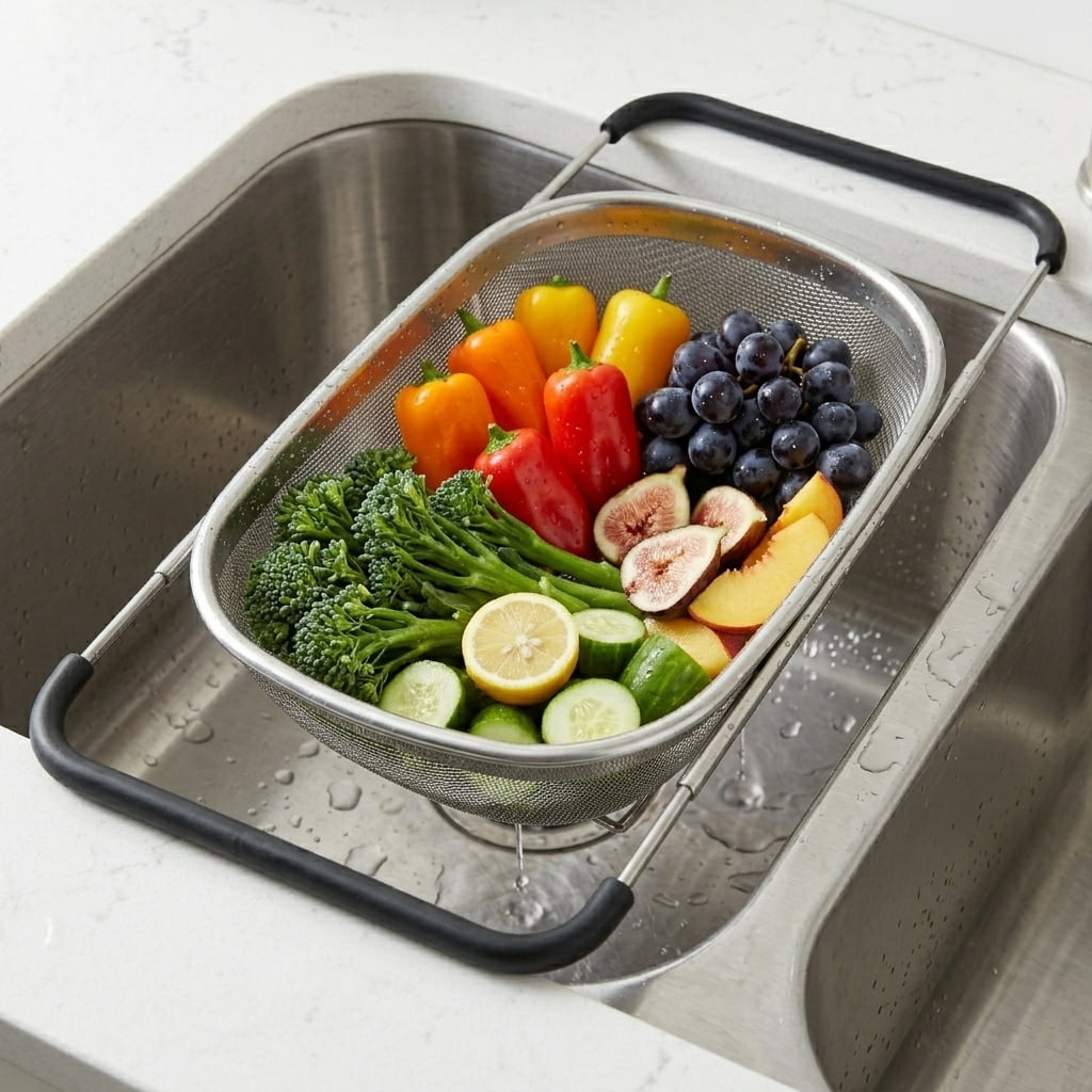 6 Quarts Fine Mesh Stainless Steel Colander, over the Sink Colander, stainless steel colander strainer with Expandable Rubber Grip Handle