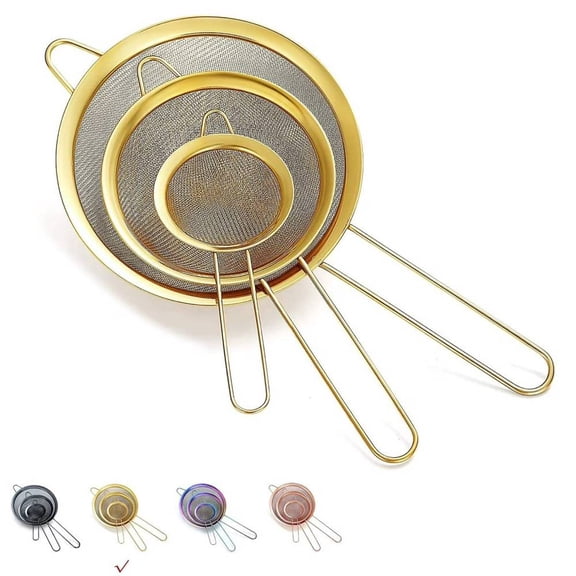 Fine Mesh Strainer, Flour Sifter for Baking, Stainless Steel Colander, Tea Strainer Set of 3 (Gold)