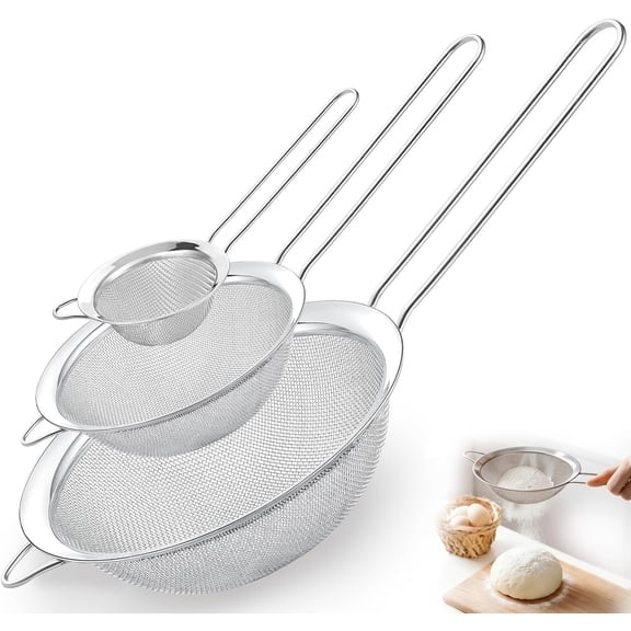 Fine Mesh Strainer Set of 3, Stainless Steel Sieve Sifters with handle, Small Medium Large Size, Kitchen Strainers Colander Set for Sifting, Straining & Cooking