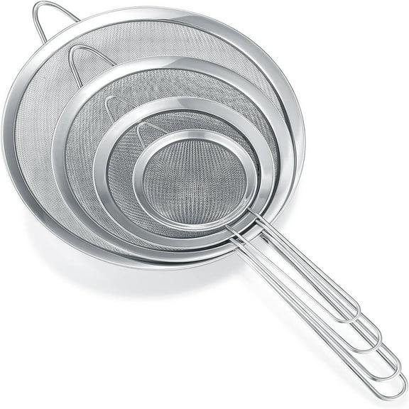 Fine Mesh Strainer, Stainless Steel Strainers with Sturdy Handle, Set of 4 Metal Sieve for Kitchen Food, Rice, Quinoa, Tea - 3.2", 4.7", 7.9", 9.5"