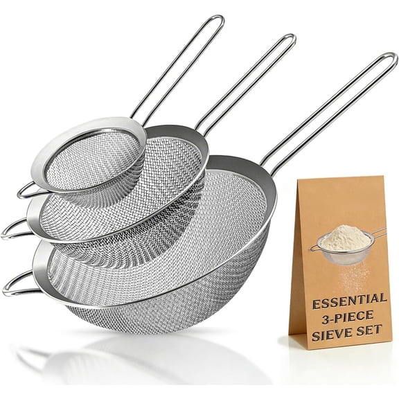 Fine Mesh Strainers - Premium Stainless Steel Colander Sieve Sifters, with Durable Mesh and Sturdy Handle, Excellent for Sifting Dry ingredients, Flour, Pastas, Rice, Tea (3.15"+5.5"+7.87")