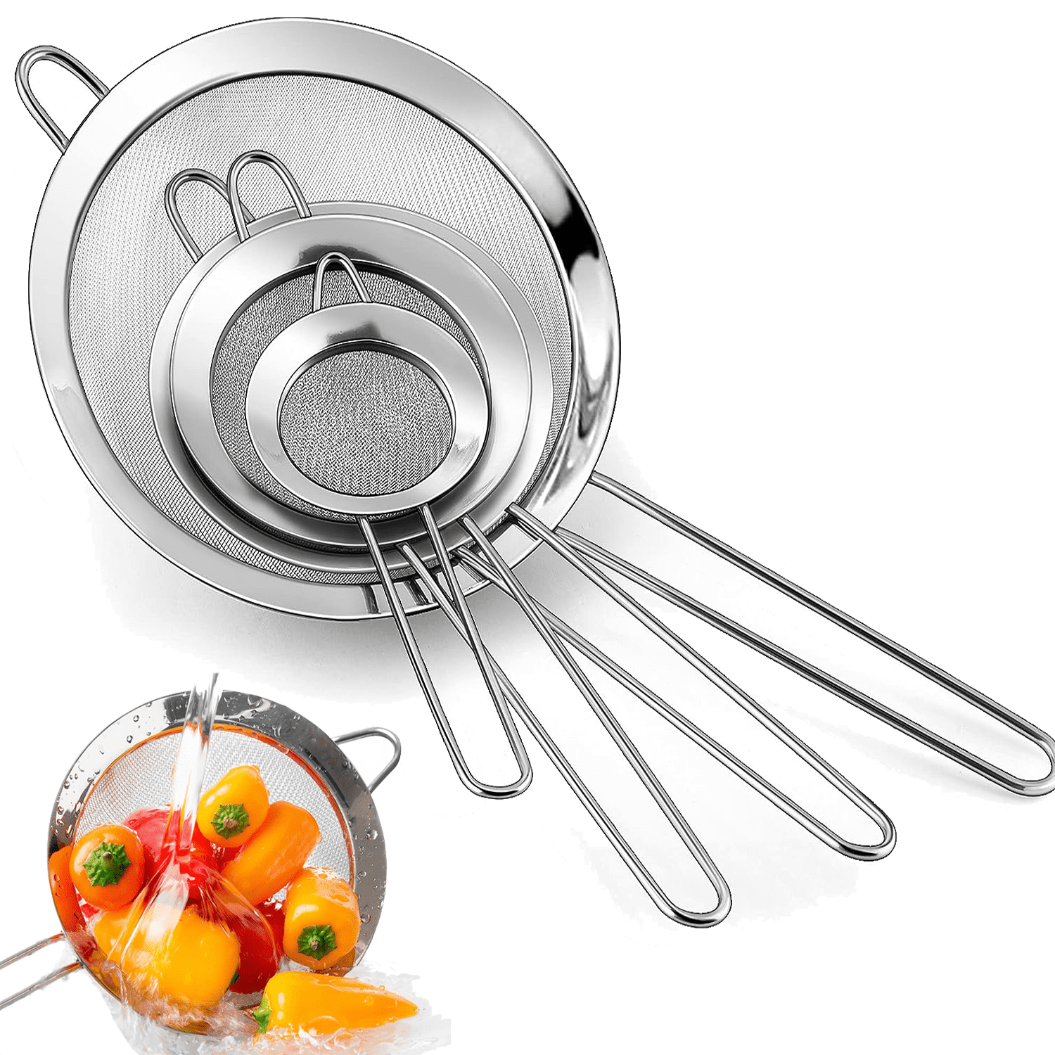 Fine Mesh Strainers Set, Premium Stainless Steel Colanders and Sifters, with Reinforced Frame
