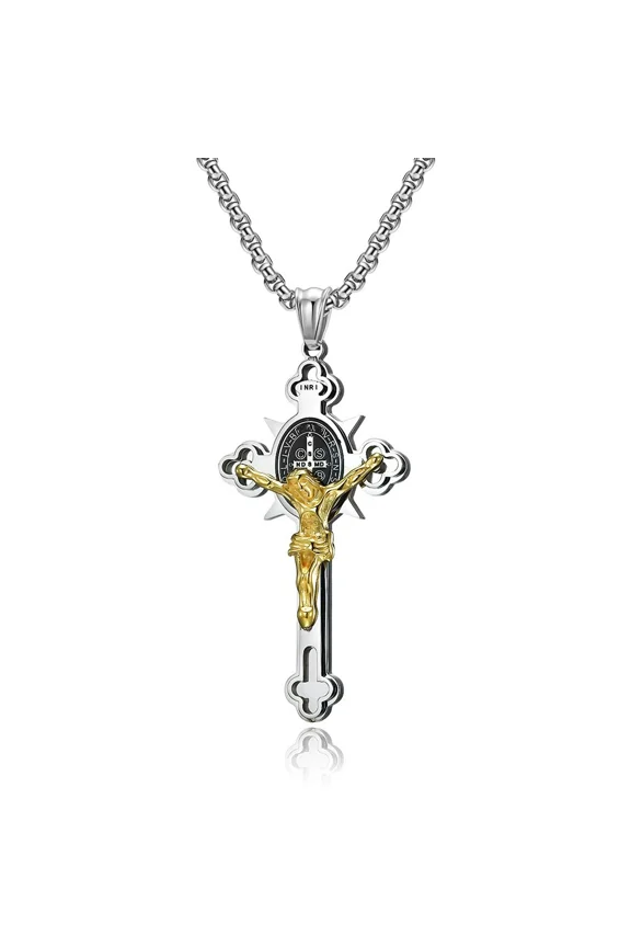 St. Benedict Crucifix Necklace for Men | Stainless Steel Jesus Cross Pendant | Two-Tone Religious Jewelry Gift for Catholic Men & Women