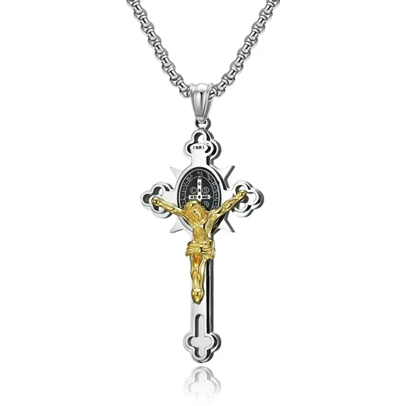 St. Benedict Crucifix Necklace for Men | Stainless Steel Jesus Cross Pendant | Two-Tone Religious Jewelry Gift for Catholic Men & Women