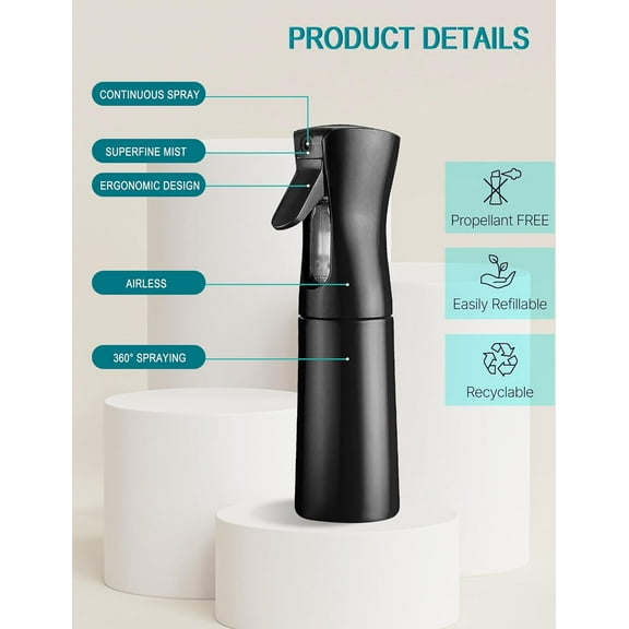Fine Mist Spray Bottle 300ML, Black Spray Bottle Reusable Proof Plastic Spray Bottle 360 Spray Continuous Mist Flow Ergonomic for Hairstyling nesting