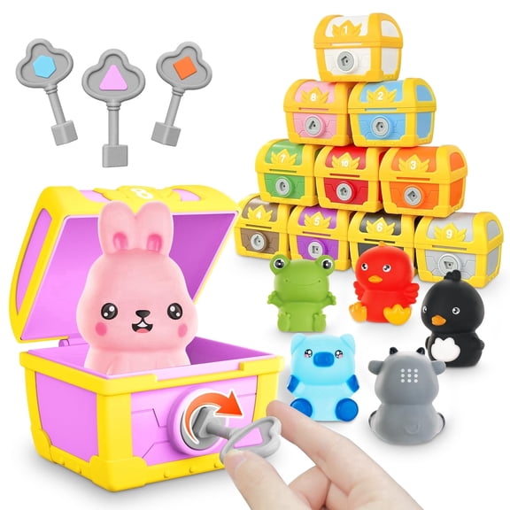 Fine Motor Skill Toys for Toddlers, 10pcs Surprise Animals Finger Puppets Treasure with Number Locks, Matching Color Sorting Pirate Hunt Game, Learning Montessori Gift for 3 4 5 Year Old