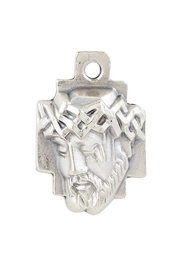 Fine Oxidized Silver Tone 1" Sorrowful Crown of Thorns Head of Jesus Christ on Cross Medal on genuine rhodium-plated 24-inch Chain with Gift Box (ECCE HOMO SO8432)