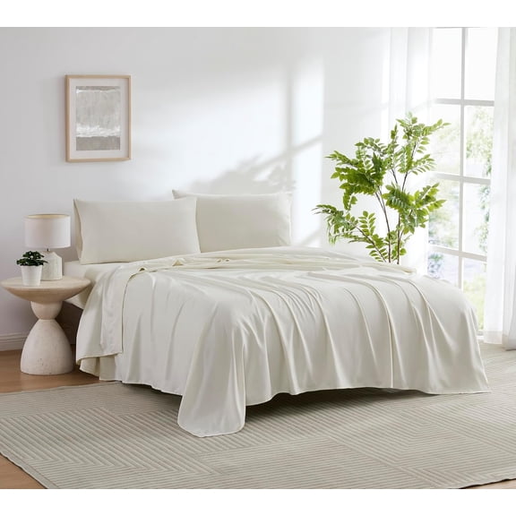 Fine Pinstripe Yarn Dye 4 count Sheet Set - Luxurious Garment Washed Microfiber Bed Sheets - Includes Flat Sheet, Fitted Sheet with Deep Pockets, & Pillowcases - Cream/Full Size