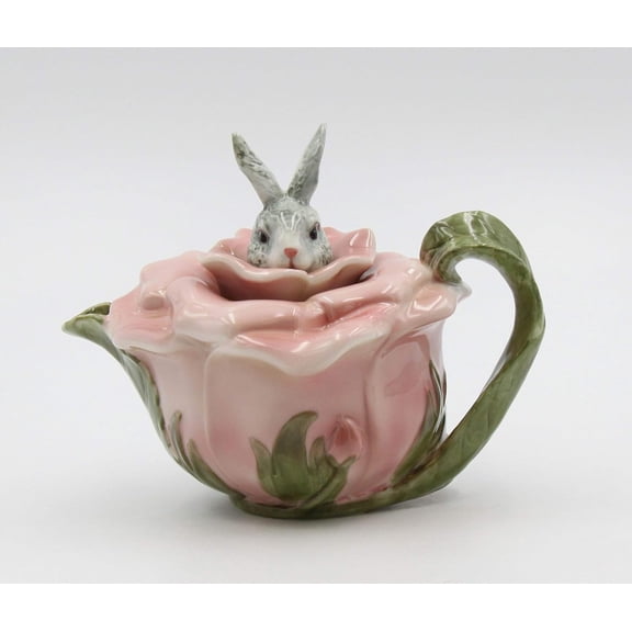 Fine Porcelain Victorian Rose Bunny Rabbit Teapot, 6-7/8" L