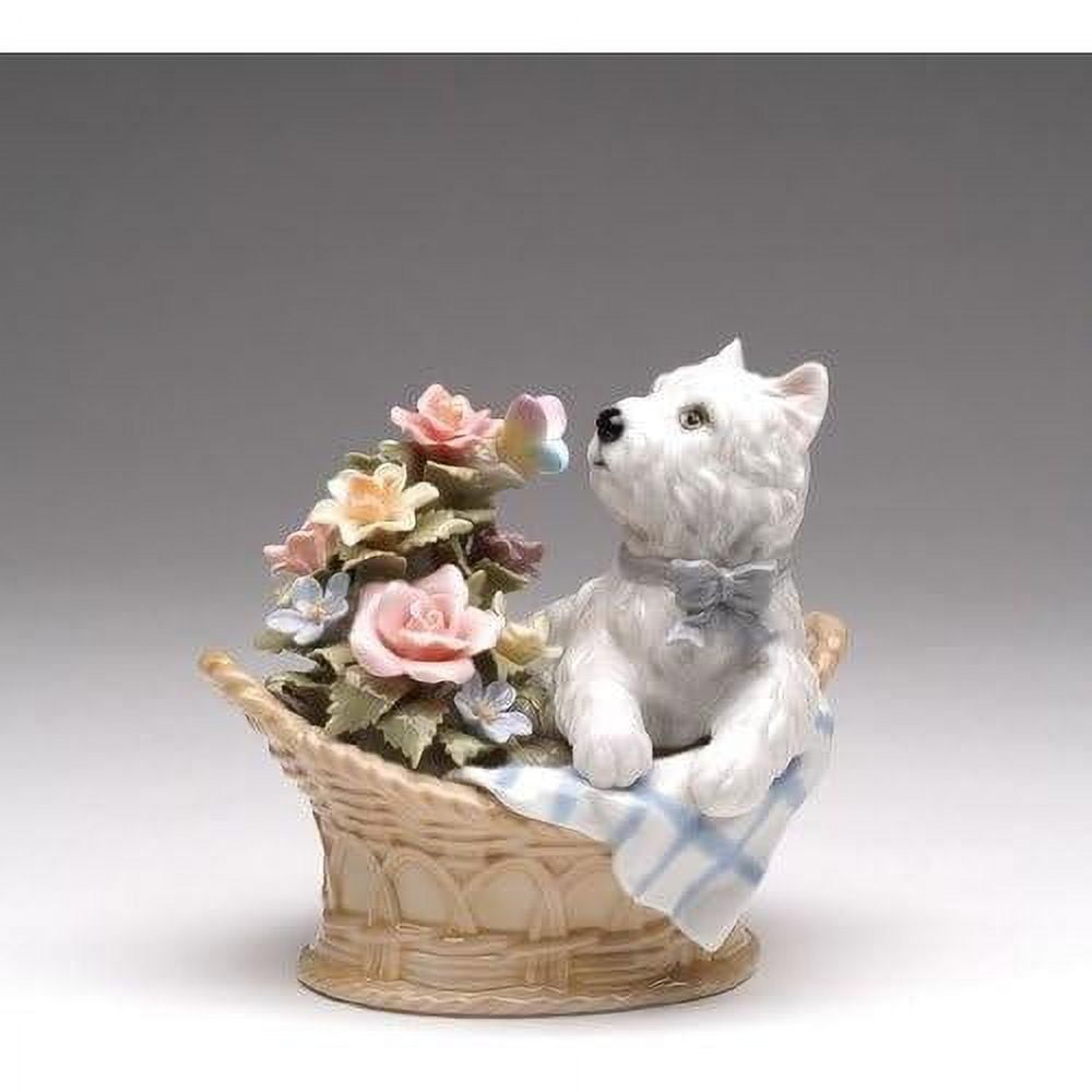 Fine Porcelain Westie Western Terrier Dog In Basket With And Rose