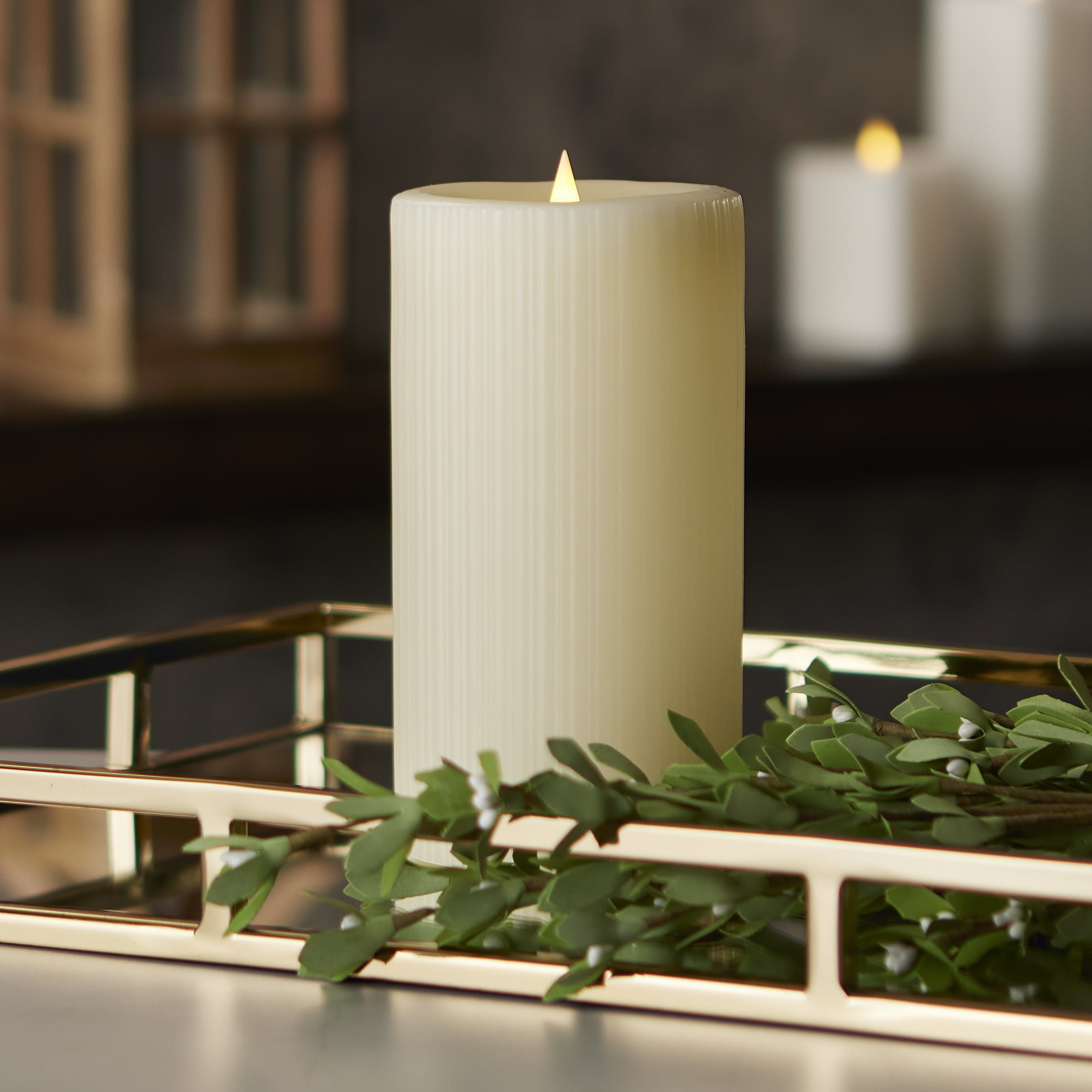 Fine Ribbed Motion Flameless Candle 4x8 Ivory