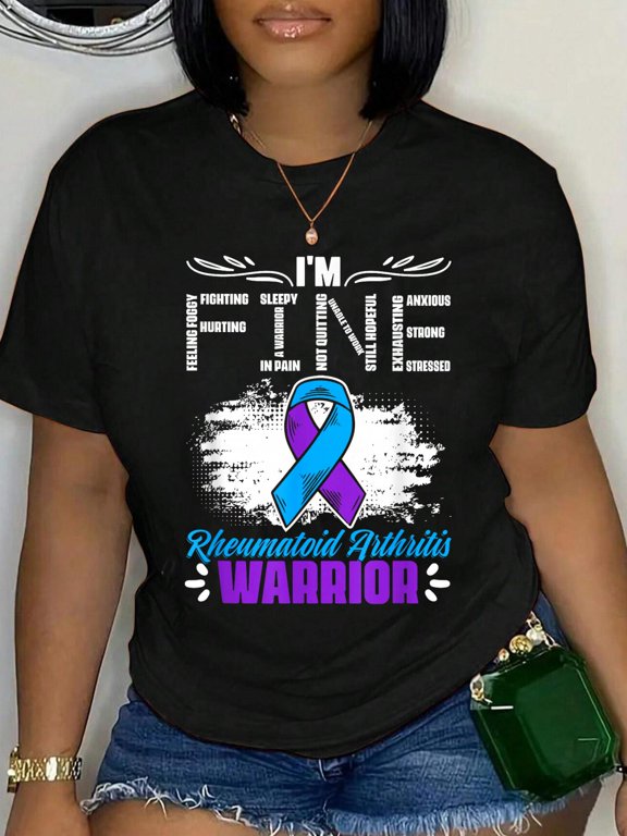 I'm Fine Ribbon Warrior Rheumatoid Arthritis Awareness Relaxed Fit Classic Comfort Cotton T-Shirt Women's Graphic Tee Crew Neck summer vacation Tops