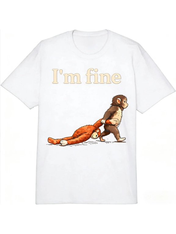 I'm Fine Sad Monkey With Orange Toy Punch Reaction Meme Funny Graphic Tee for Men Women, Internet Humor Short Sleeve T-Shirt, Casual Crew Neck Top for Meme Lover Gift