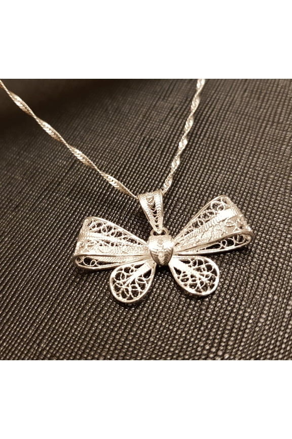 Fine Silver Assyrian Filigree Bow Tie Necklace aka Ribbon Necklace Gift for Her Gift Yourself