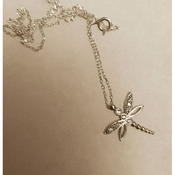 Fine Silver Dragonfly Necklace with Cubic Zirconia Handmade in Genuine 925 Sterling Silver
