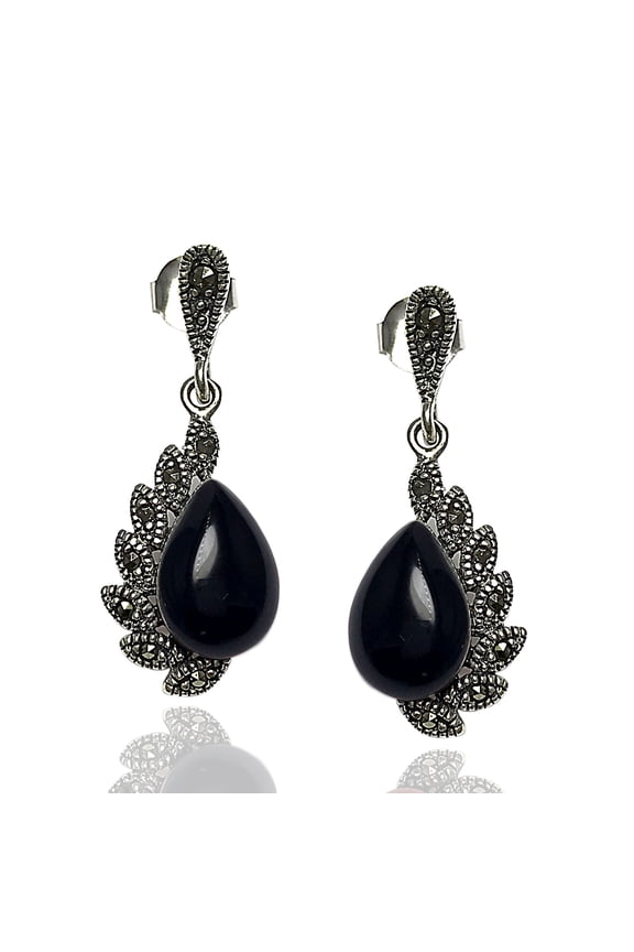 Fine Silver Marcasite & Onyx Drop Earrings for Women on Genuine 925 Sterling Silver