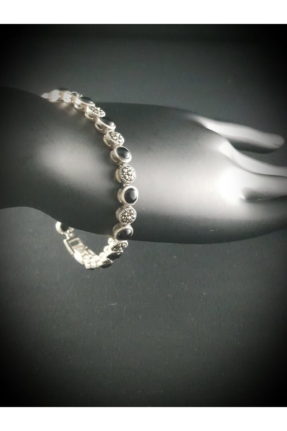 Fine Silver Onyx & Marcasite Tennis Bracelets on Genuine 925 Sterling Silver