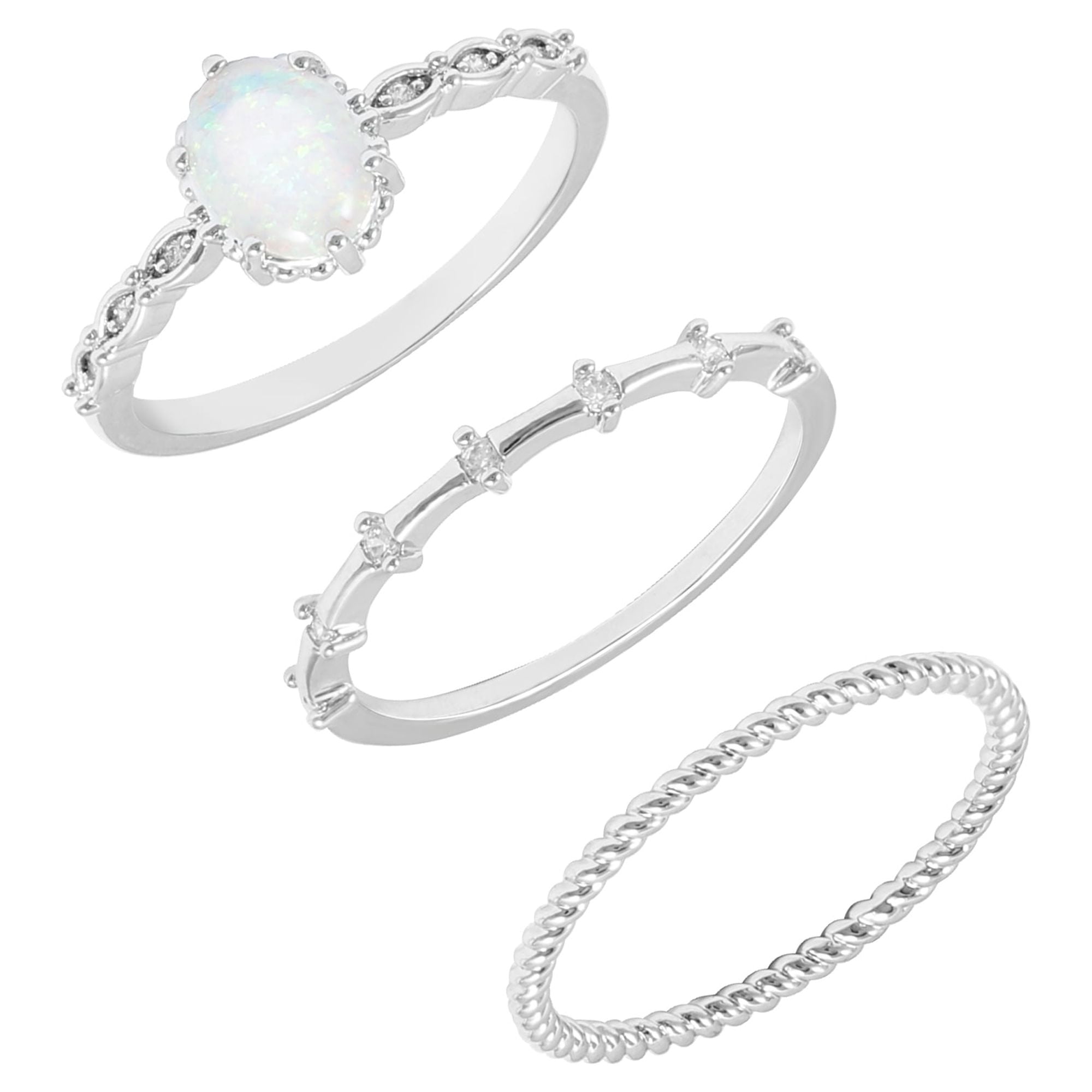 Fine Silver Plate Stackable Ring Set with Cubic Zirconia Stones and Oval Opal Stone in Size 9