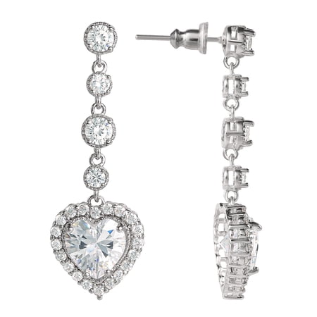 Believe By Brilliance Fine Women's Silver Plated Brass Cubic Zirconia Heart Drop Earring