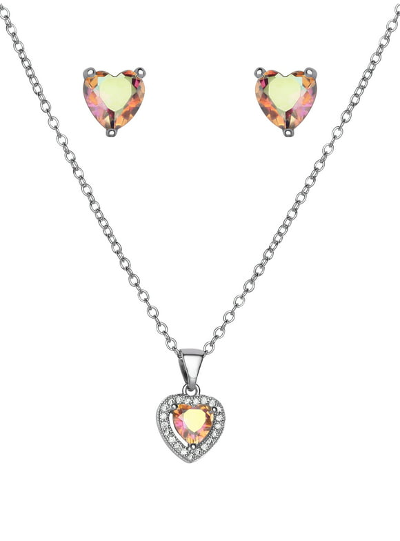 Fine Silver Plated Crystal Heart Earring and Pendant Set, 18" + 2"