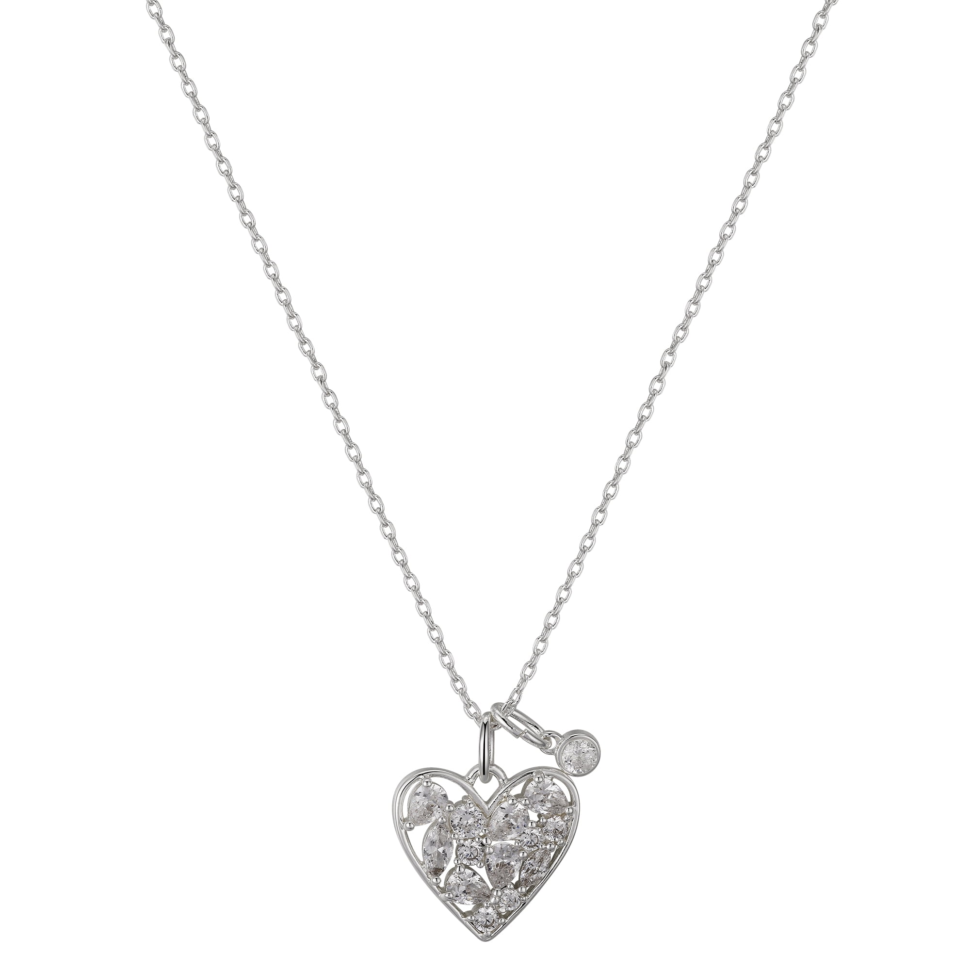 Fine Silver Plated Cubic Zirconia Heart Pendant Necklace, 18+2