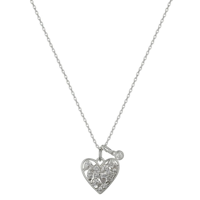 Fine Silver Plated Cubic Zirconia Heart Pendant Necklace, 18+2 ...