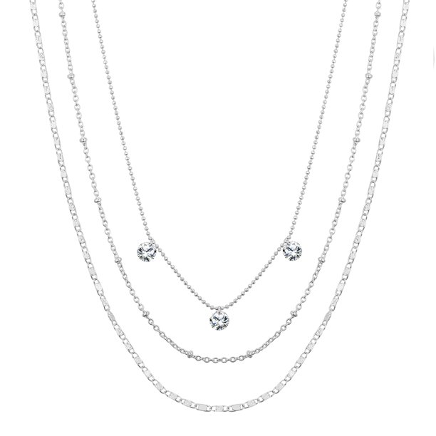 Fine Silver Plated Cubic Zirconia Layered Pendant Necklace, 16 & 17 & 18+2" Extender