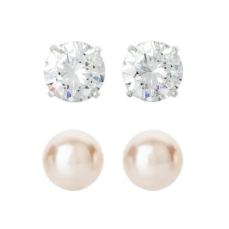 Fine Silver Plated Cubic Zirconia Simulated Pearl 2 Pair Earring Set