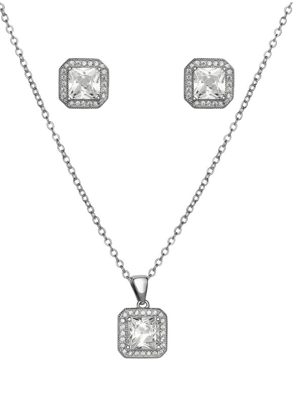Fine Silver Plated Cubic Zirconia Square Earring and Pendant Set, 18" + 2"
