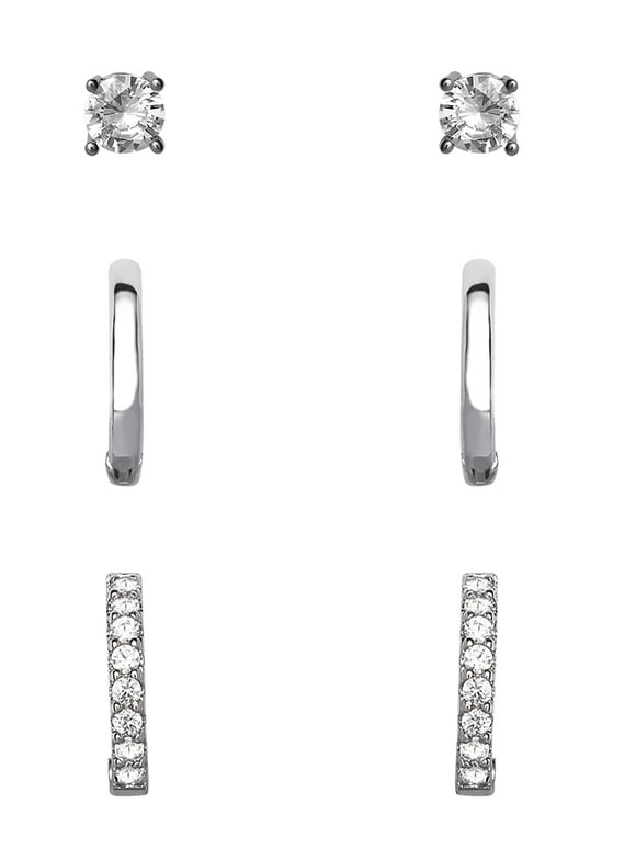 Fine Silver Plated Cubic Zirconia Stud, Cubic Zirconia Hoop and Polished Hoop Earring Set