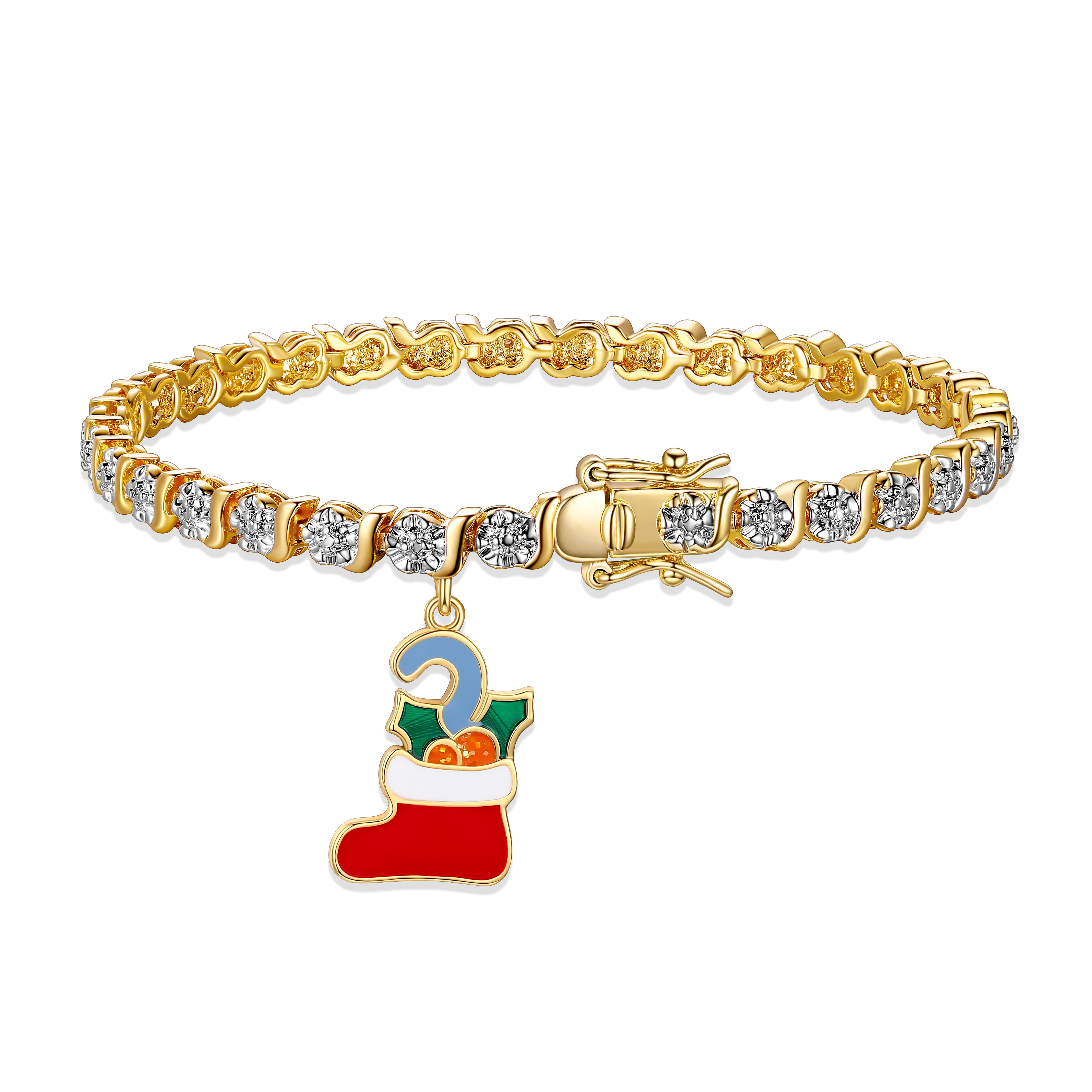 Fine Silver Plated Diamond Accent "S" Link Gold Tone Tennis Bracelet With Enamel Holiday Christmas Stocking Charm 7.25"