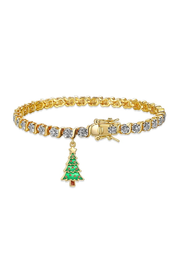 Fine Silver Plated Diamond Accent "S" Link Gold Tone Tennis Bracelet With Enamel Holiday Christmas Tree Charm 7.25"