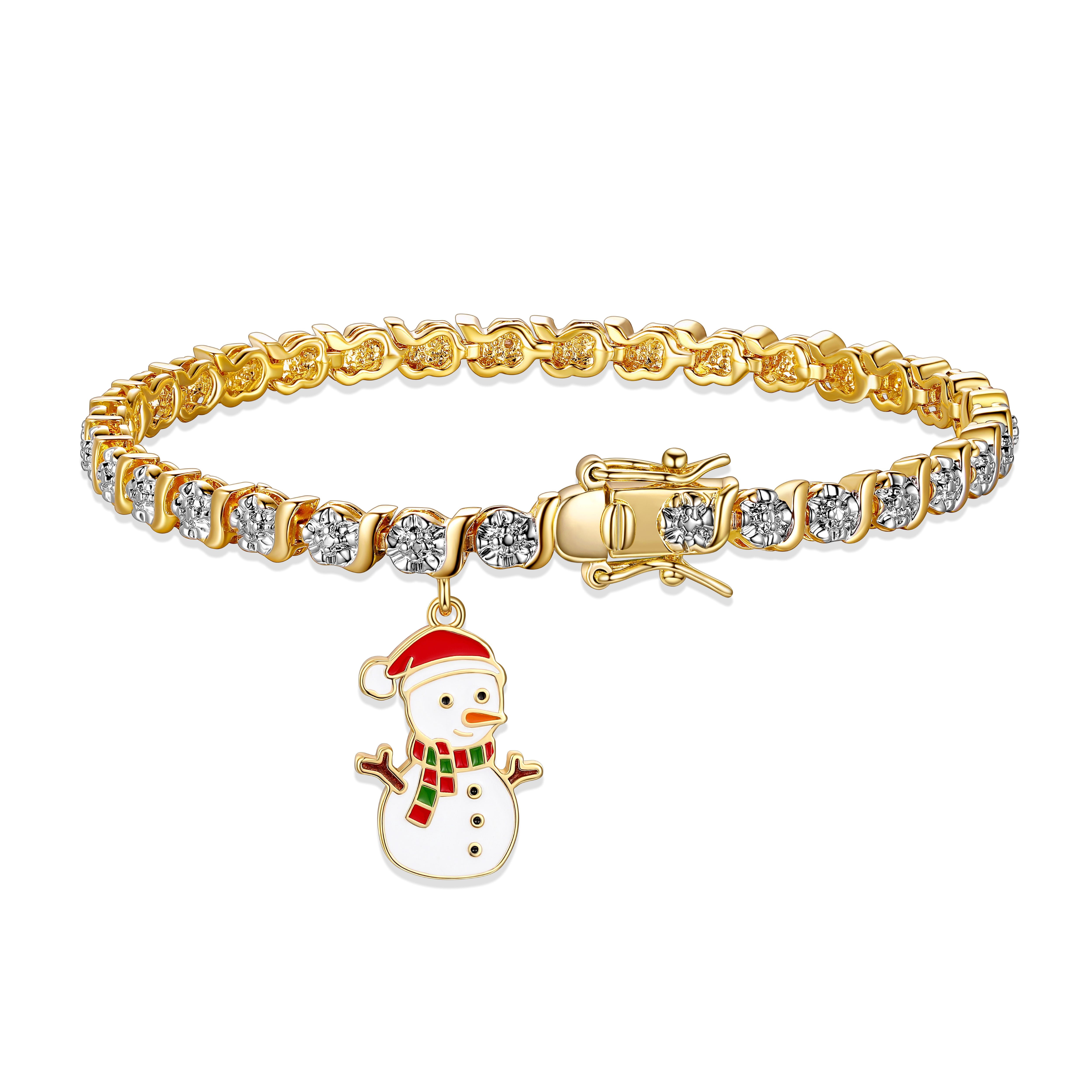 Fine Silver Plated Diamond Accent "S" Link Gold Tone Tennis Bracelet With Enamel Snowman Charm 7.25"