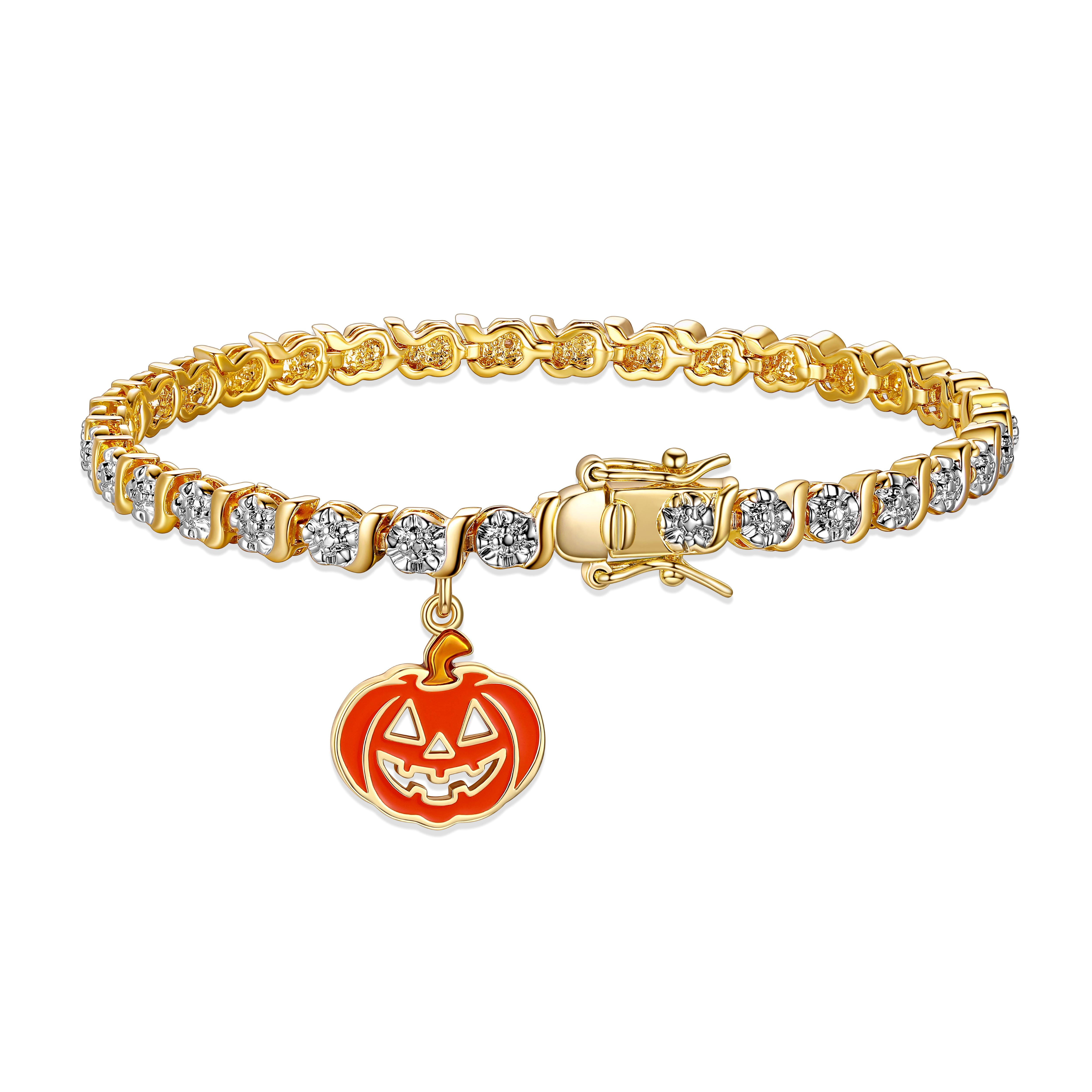 Fine Silver Plated Diamond Accent "S" Link Gold ToneTennis Bracelet With Enamel Halloween Pumpkin Charm 7.25"