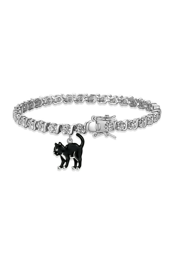 Fine Silver Plated Diamond Accent "S" Link Tennis Bracelet With Enamel Halloween Black Cat Charm 7.25"