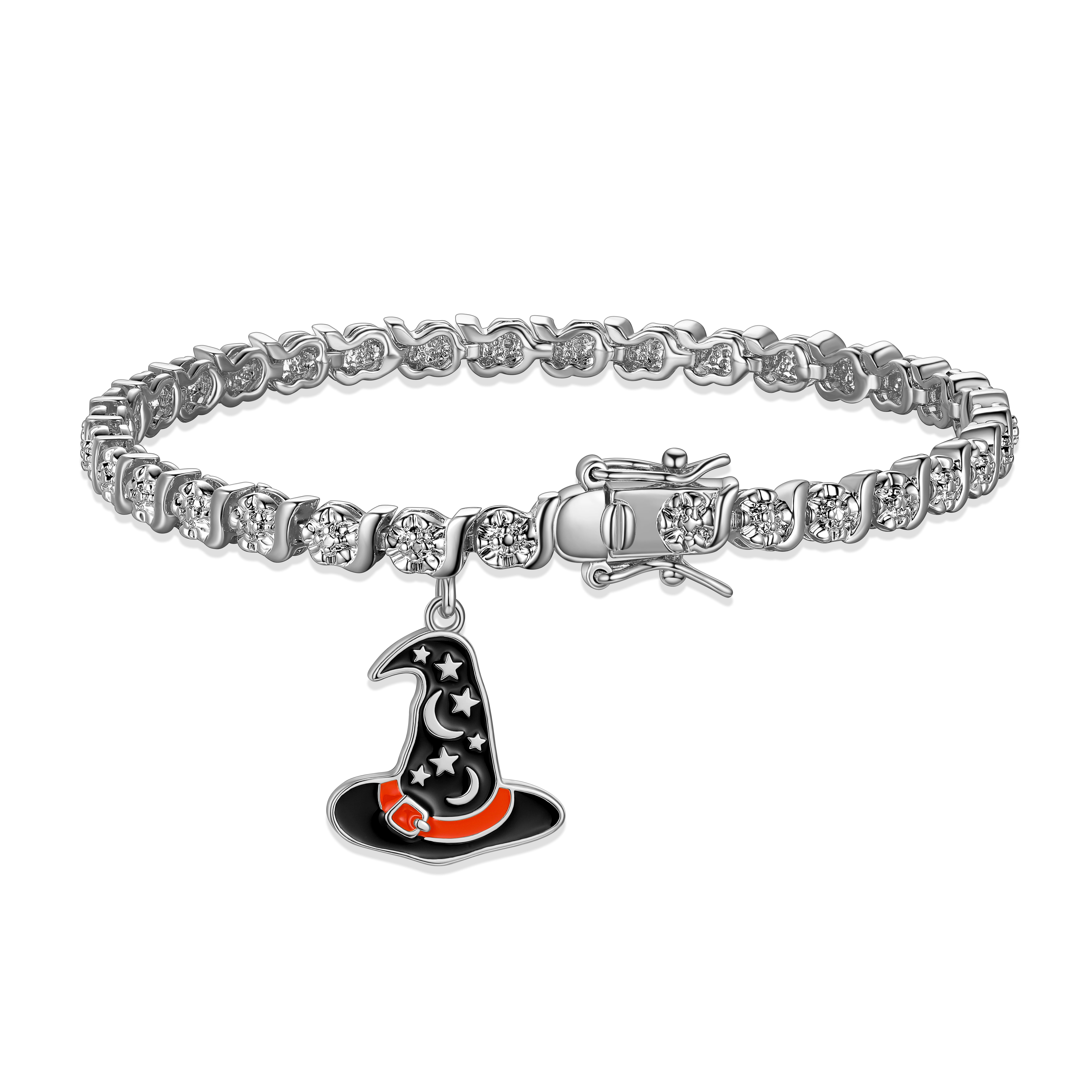 Fine Silver Plated Diamond Accent "S" Link Tennis Bracelet With Enamel Halloween Witches Hat Charm 7.25"