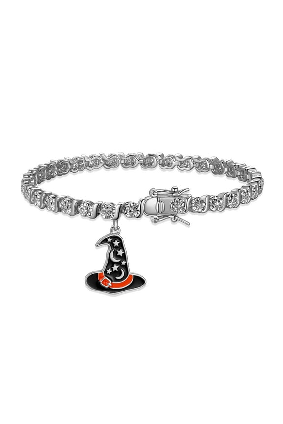 Fine Silver Plated Diamond Accent "S" Link Tennis Bracelet With Enamel Halloween Witches Hat Charm 7.25"