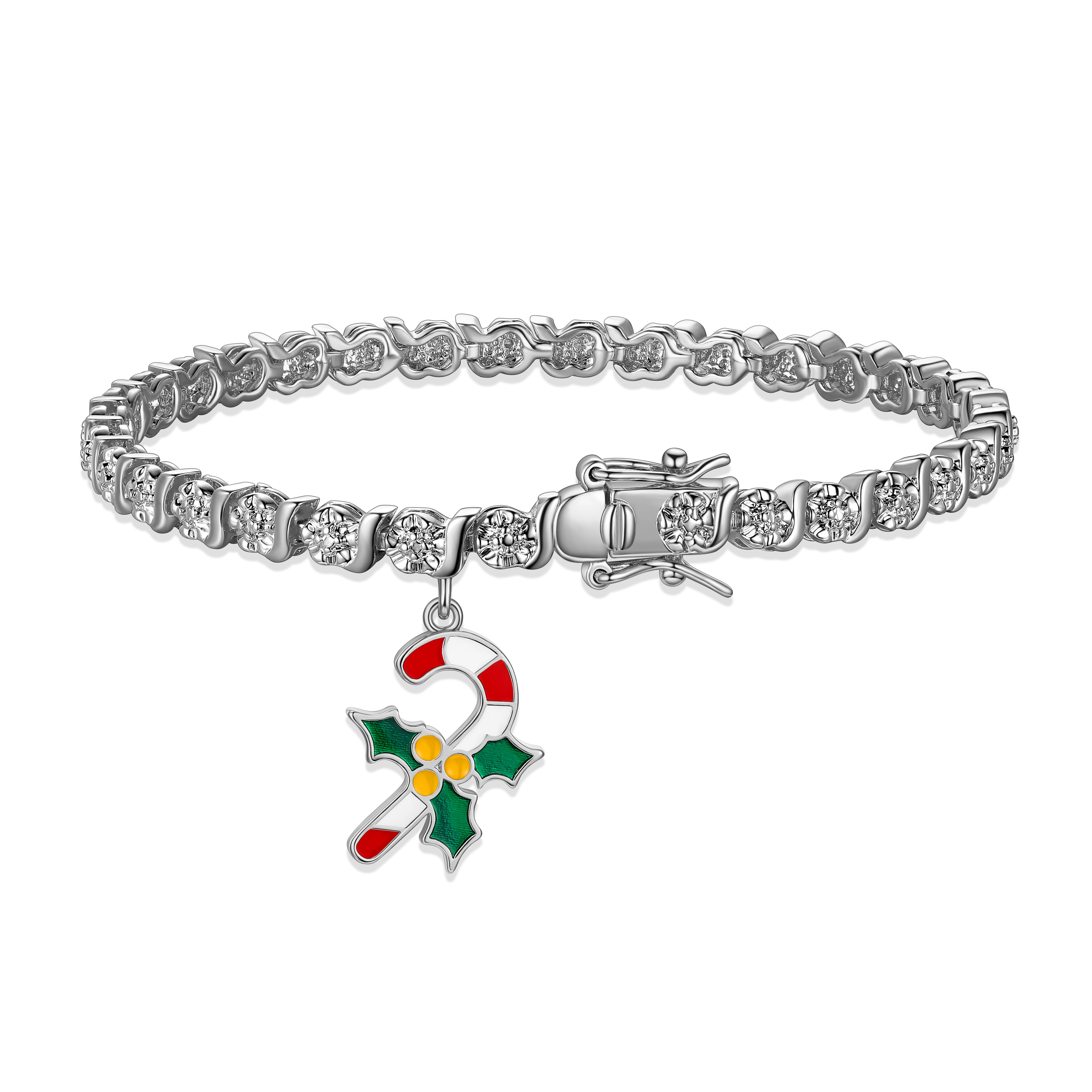Fine Silver Plated Diamond Accent "S" Link Tennis Bracelet With Enamel Holiday Candy Cane Charm 7.25"