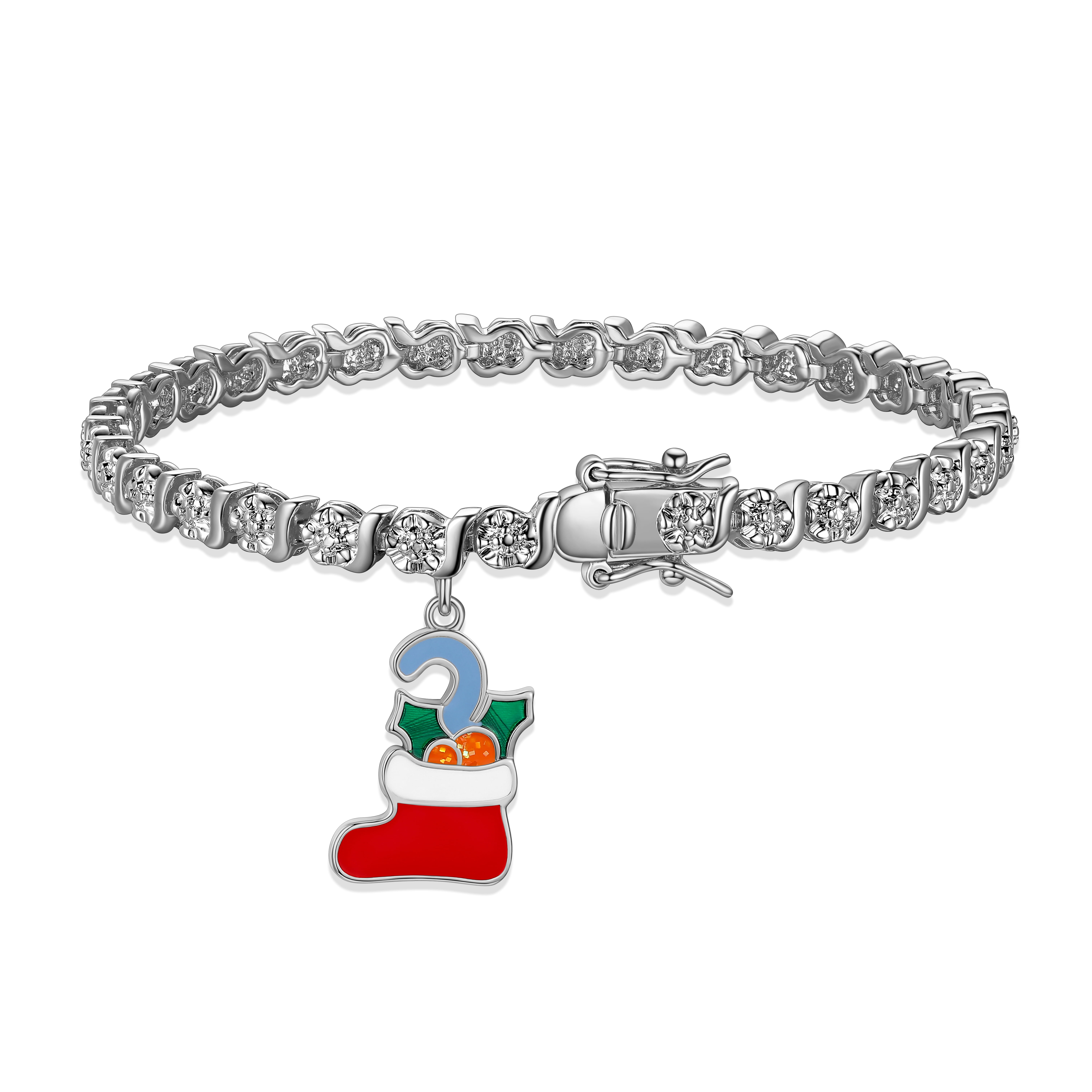Fine Silver Plated Diamond Accent "S" Link Tennis Bracelet With Enamel Holiday Christmas Stocking Charm 7.25"