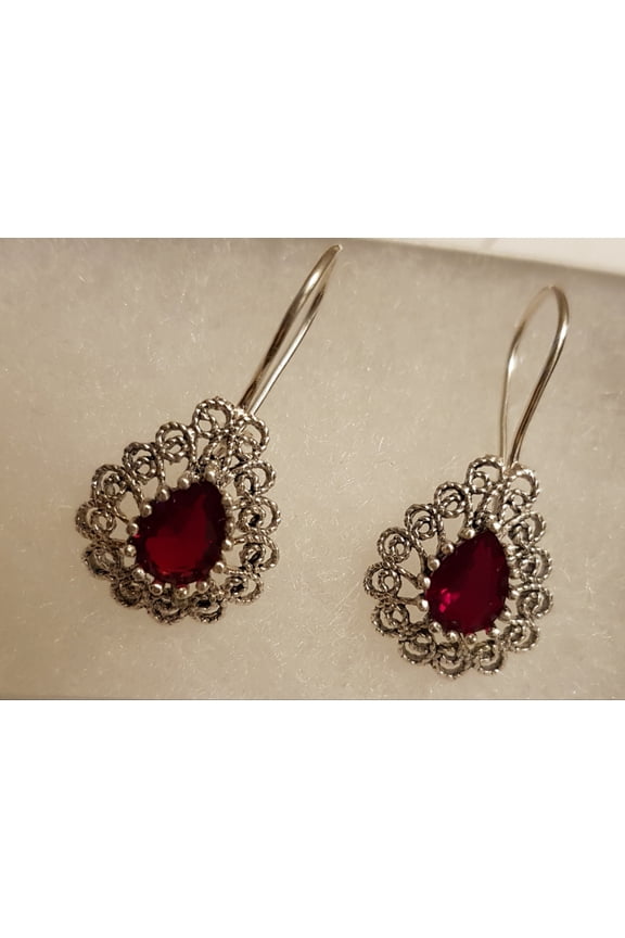 Fine Silver & Ruby Drop Earrings Handmade on Genuine 925 Sterling Silver for Women