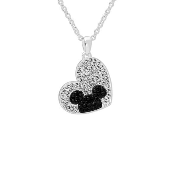 Disney Silver-Tone Mickey Mouse Crystal Heart Pendant Necklace - Gift Box Included