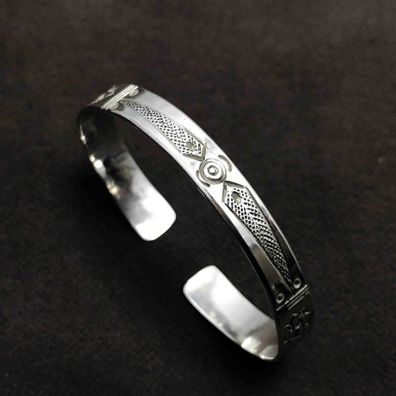 Fine Silver Unisex Adjustable Cuff Embroidered Bracelet in Genuine 925 Sterling Silver