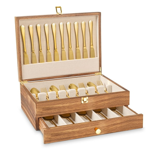 Honiway Fine Silverware Box, 2-Layer Wooden Silverware Chest with Drawer,Wood