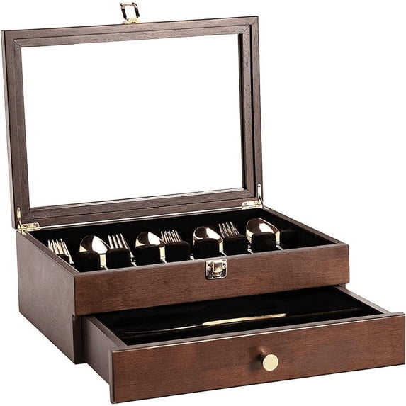 Fine Silverware Box with Glass Lid, 2-Layer Wooden Silverware Chest with Drawer, 14.5×10.6 Inches Luxury Style Decor Flatware Storage Case for Home&Restaurant (Walnut)
