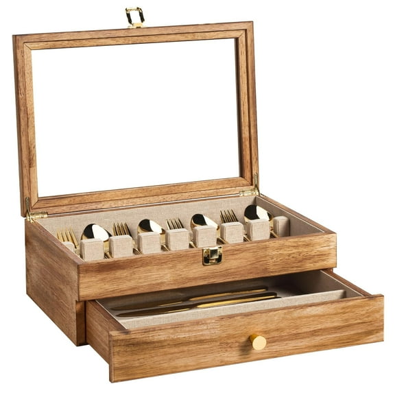 Honiway 2-Layer Fine Silverware Box with Glass Lid & Drawer, 14.5×10.6 Inches Vintage Style Decor Flatware Storage Case for Home&Restaurant (Torched Wood)