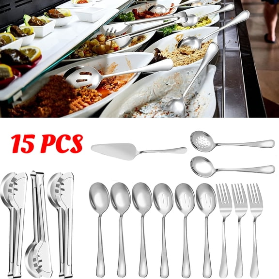 Fine Stainless Steel Large Serving Utensils, 15 PCS Silver Flatware Serving Tools Kit, Included Spoons, Forks, Slotted Spoon, Tongs, Ladle, Cake Server for Catering Banquet Wedding Buffet Party