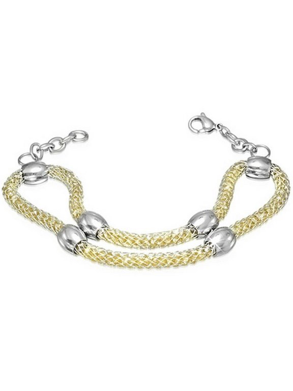 Fine Stainless Steel Silver-Tone Yellow CZ Mesh Womens Adjustable Chain Bracelet
