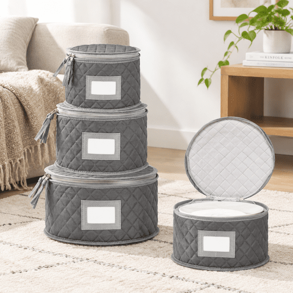 Fine Stor- Set Of 4 Quilted Cases For Dinnerware Storage. Sizes: 12" 10" 8" And 7" Wide Gray 48 Felt Plate Separators Included