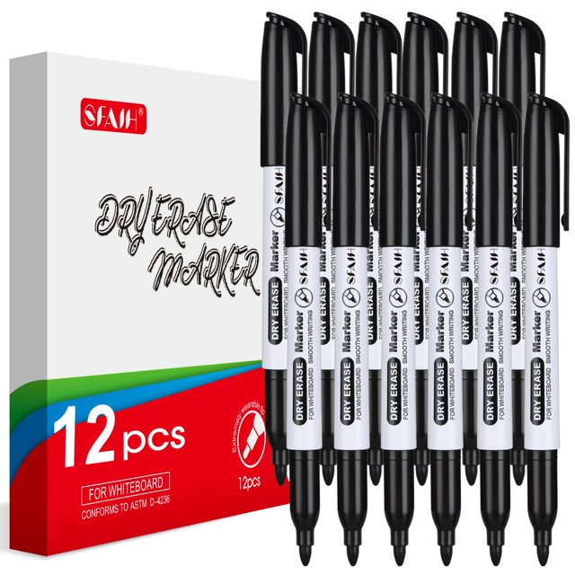 Fine Tip Dry Erase Markers 12 Pack Black Whiteboard Erasable Markers
